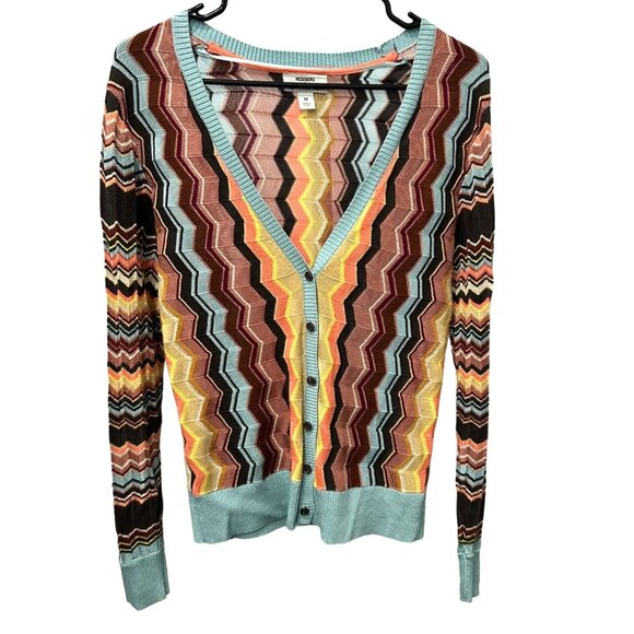 Missoni V Neck Multicolor Zigzag Knit Cardigan Bohemian Sweater M - Picture 1 of 8
